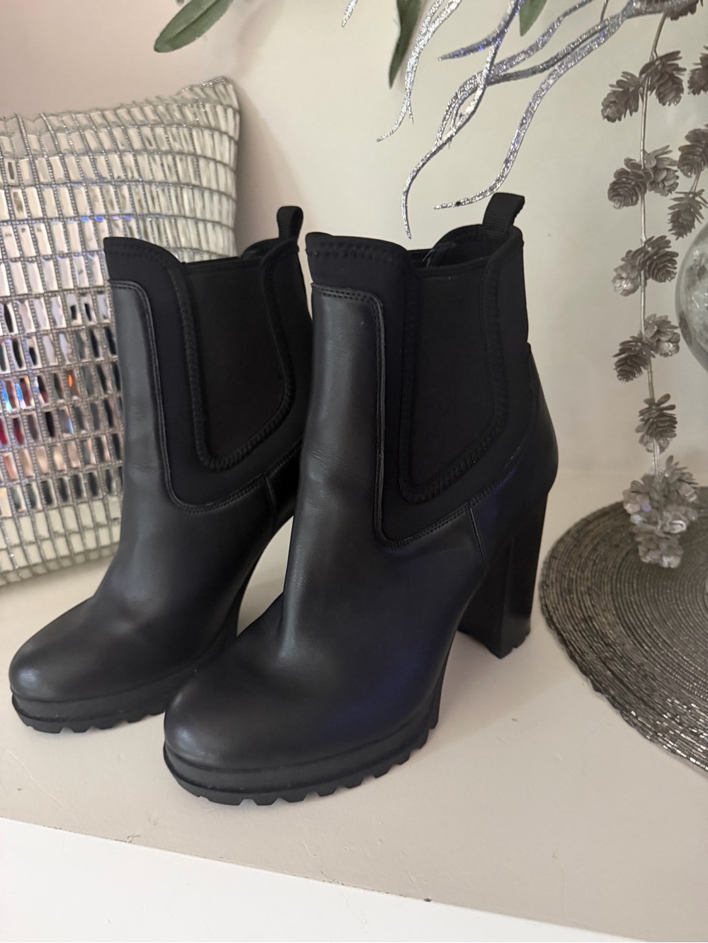 Aldo Black Leather Platform Chelsea Booties
